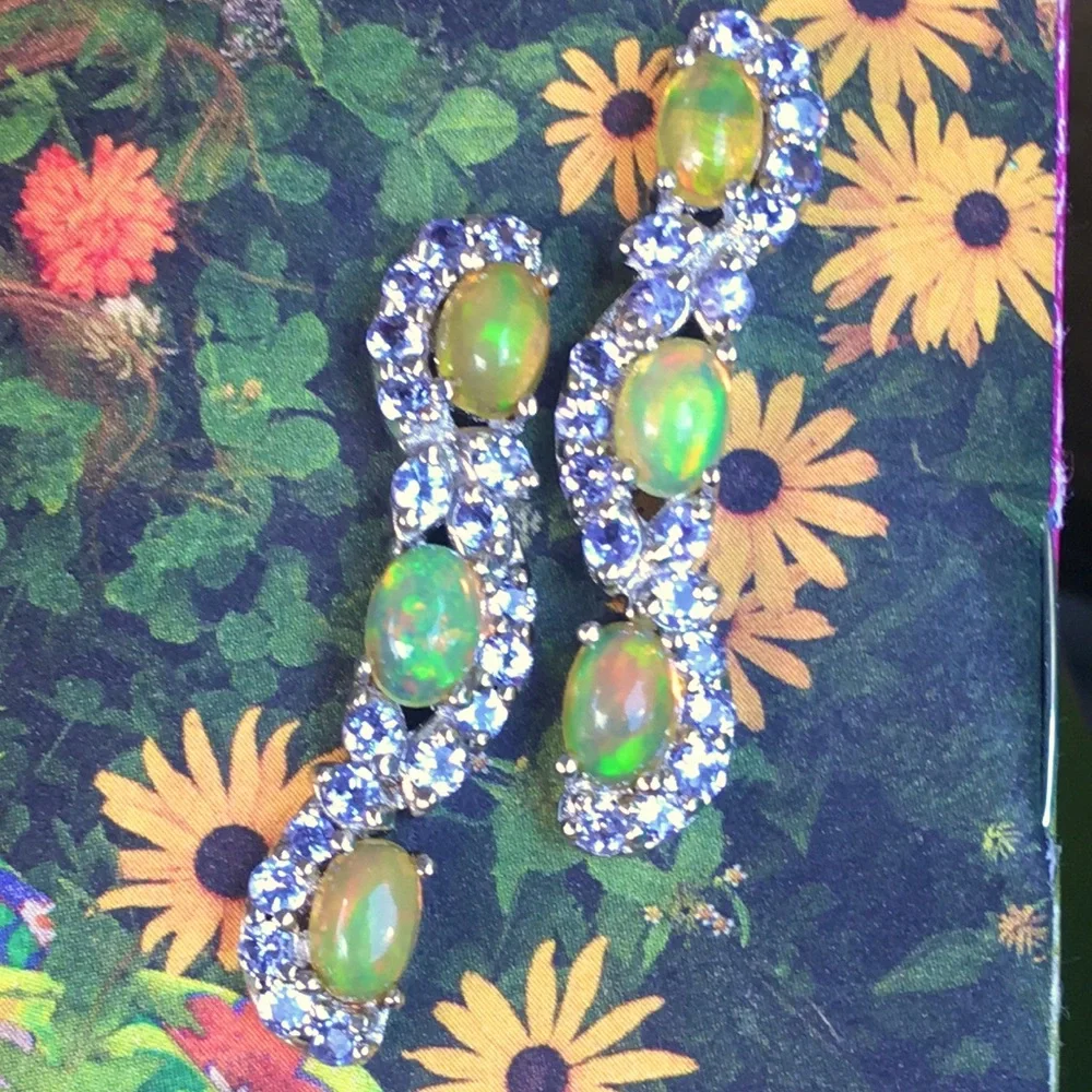 Amazing Opal & Tanzanite Sterling Silver 925 Earrings Signed BBJ Epic Fantasy - Picture 2 of 7